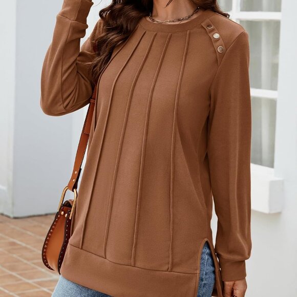 Womens Crewneck Sweater Long Sleeve Pleated Front Casual Fall Outfit - Picture 2 of 5